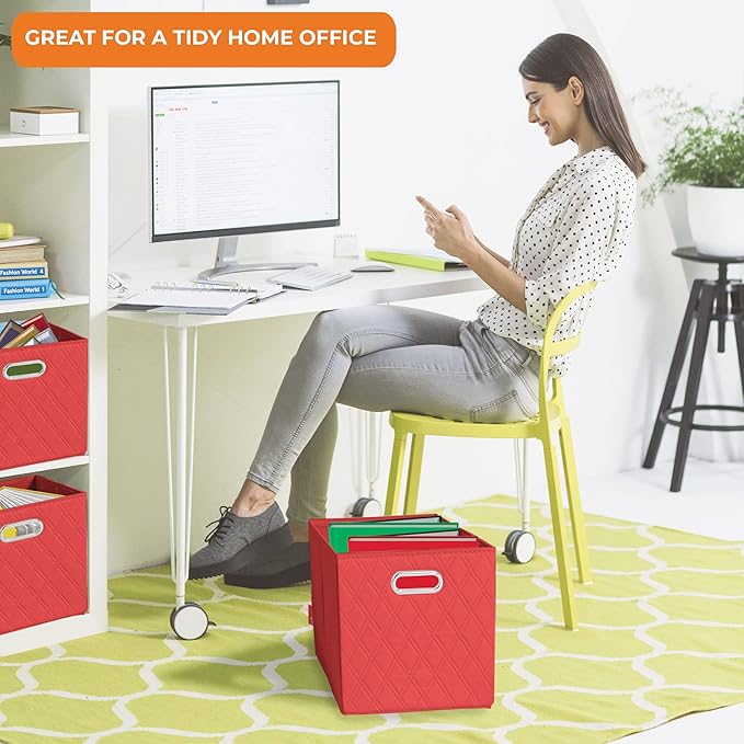 FH Group JIAessentials 12" Faux Leather Foldable Storage Cube Bins Set of 2 – Red Diamond Patterned Organizers with Handles for Closet & Shelves