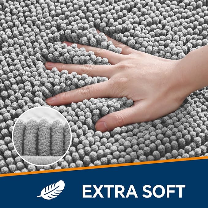 Gray Bathroom Rugs 26"x44" - Thick Plush Chenille Non-Slip Bath Mat - Absorbent, Washable, Soft Decor for Sink, Shower, Tub, Kitchen, Vanity, Home Accessories