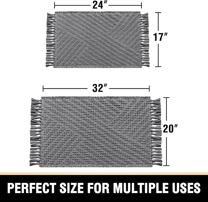 H.VERSAILTEX Waffle Bath Mat Super Absorbent Boho Bath Mat Non Slip Bath Rugs for Bathroom Floor Machine Washable Dry Fast Bathroom Rugs with Tassels (20 x 32 Plus 17 x 24 Inches, Gray)