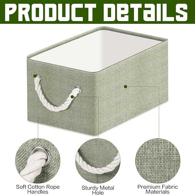 Maxcheck 3 Pcs Boho Farmhouse Storage Basket Sage Green Foldable Large Canvas Laundry Basket for Bathroom Laundry Room Shelves Fabric Rectangle Storage Bin with Handle for Cloth Body Wash Toilet Paper