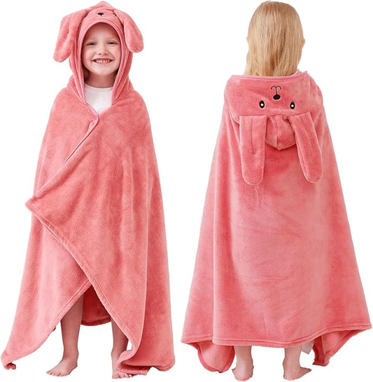 Hiturbo Kids Hooded Bath Towel: Soft Fleece Towel Blanket Cartoon Animal - Pool Beach Towels Wrap 50"x30" for Boys Girls 3-12 Yrs (Pink Rabbit)
