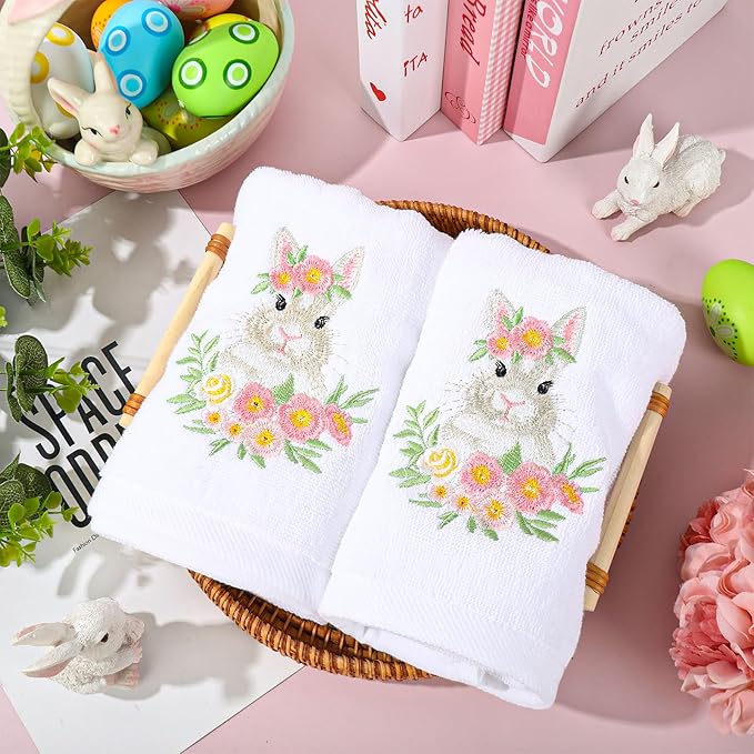 2Pcs Easter Hand Towels Floral Bunny Cotton Embroidered Bathroom Towel Spring Flower Rabbit Absorbent Bath Towels for Drying Cleaning Cooking, 29.5 x 13.7 Inch