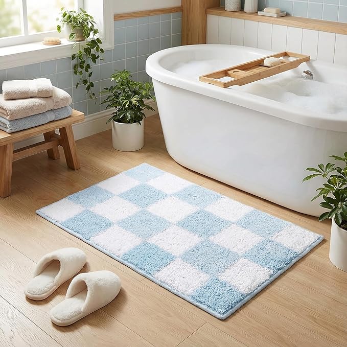 GRANNY SAYS Checkered Blue Bathroom Rugs, 24" x 16", Non-Slip Bath Mats for Bathroom, Plush Shag Absorbent Microfiber Ultra Soft Bath Mat, Cute Washable Rug for Tub, Shower, Bedroom