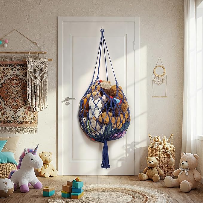 Stuffed Animal Storage Hammock Corner Hanging Net Stuffy Animal Hammock Macrame Toy Display Plush Toy Holder for Kid Bedroom Decor Boho Nursery Playroom Organizer (Blue)