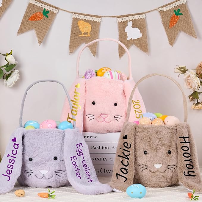 Mostop Personalized Easter Basket, Seersucker Egg Hunt Basket Bags for Easter Gifts
