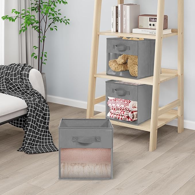 11x11 Large Storage Bins with Clear Window, Set of 6 Storage Cubes, Collapsible Cube Storage Bins, Fabric Closet Organizers with Handles for Home, Office, Closet Shelf Cabinet, Bookcase, Grey