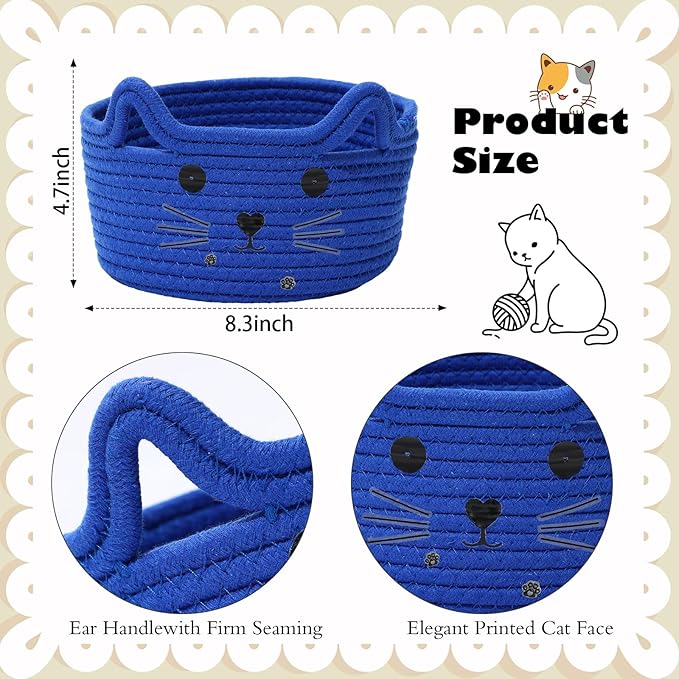 Zopeal Cat Basket Storage Woven Organizer with Ears Christmas Decorative Pet Toy Cute Cotton Rope Basket for Gift Cat Dog Toy Bin Nursery Room(8.3 x 4.7 Inch,Royal Blue)
