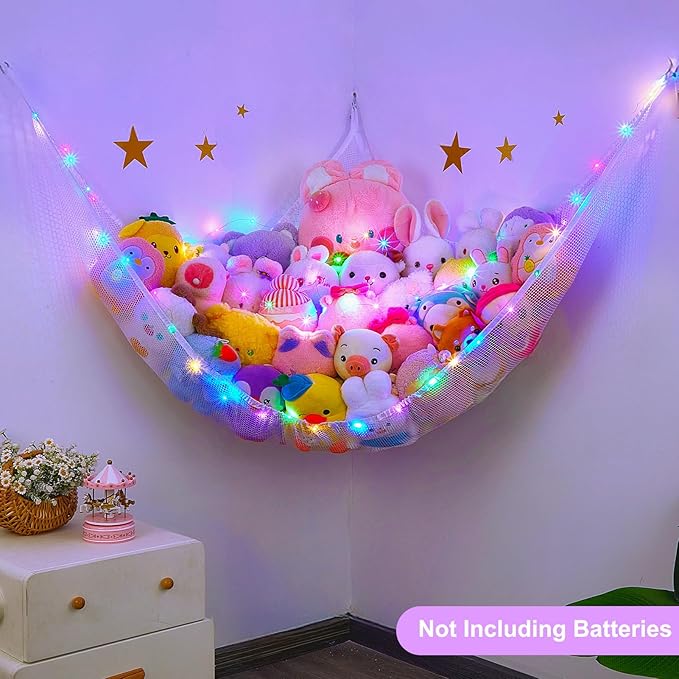 Unicorn Castle Stuffed Animals Net or Hammock Kids Toy Storage Organizer with LED Light Hanging Corner Stuffed Animals Holder Kids Girls Room Decor,White,XLarge (Pack of 1)
