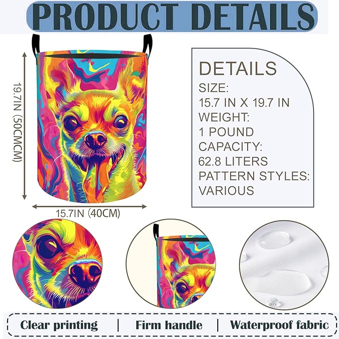 Chihuahua Laundry Basket Hamper 19.7"x15.8", Colorful Dog Foldable Waterproof Oxford Clothes Storage Bucket for Room Bathroom Bedroom Nursery Decor, Toy Organizer Bins Gifts for Kids Boys Girls