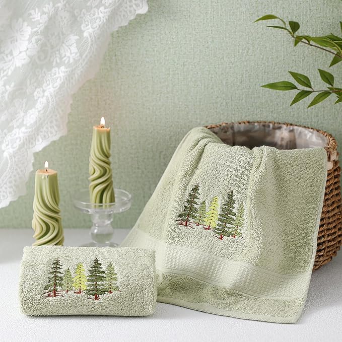 2 Pcs Forest Hand Towels Gray Green Bathroom Decor 14x29 Inch Embroidered 100% Cotton Soft Absorbent Nature Scene Decorative Hand Towels for Bathroom Kitchen