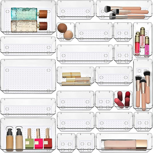 Masirs Clear Drawer Organizer Set - 25 Piece Plastic Storage Bins for Desk, Bathroom, Kitchen, Vanity - Modular Tray System for Makeup, Office Supplies, and Small Item Organization