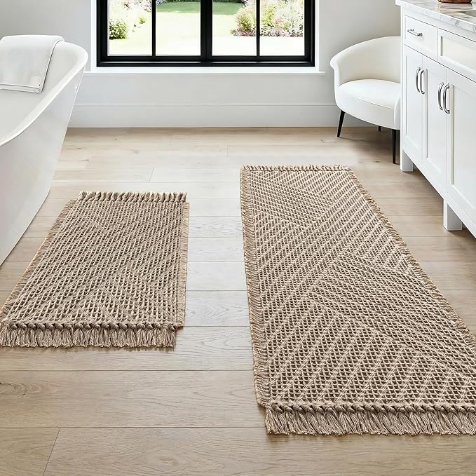 H.VERSAILTEX Waffle Bath Mat Super Absorbent Boho Bath Mat Non Slip Bath Rugs for Bathroom Floor Machine Washable Dry Fast Bathroom Rugs with Tassels (47 x 17 Plus 17 x 24 Inches, Irish Cream)