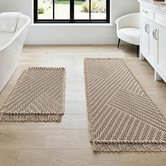 H.VERSAILTEX Waffle Bath Mat Super Absorbent Boho Bath Mat Non Slip Bath Rugs for Bathroom Floor Machine Washable Dry Fast Bathroom Rugs with Tassels (47 x 17 Plus 17 x 24 Inches, Irish Cream)