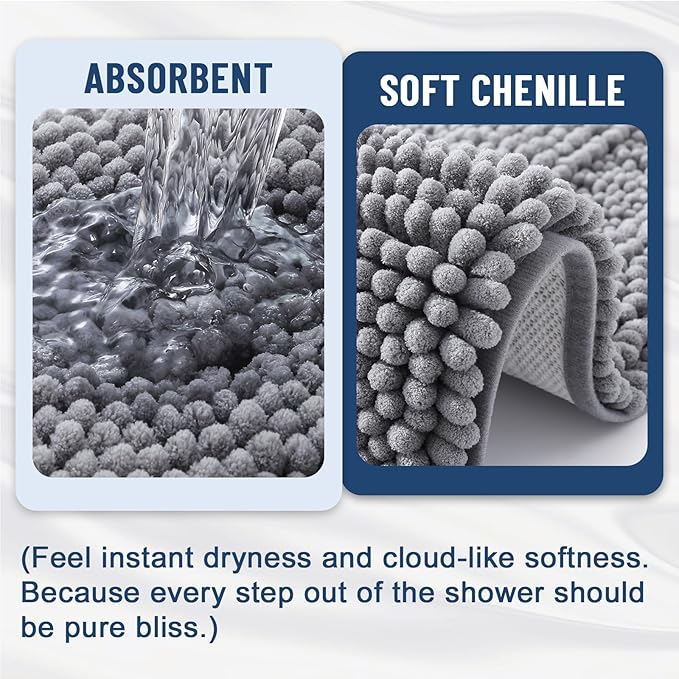 Grandaily Chenille Striped Bathroom Rugs 47x24, Extra Thick and Soft Absorbent Bath Mats, Rubber Backing, Plush Shaggy Shower Carpet, Machine Wash Dry, Bath Rug for Bathroom, Grey