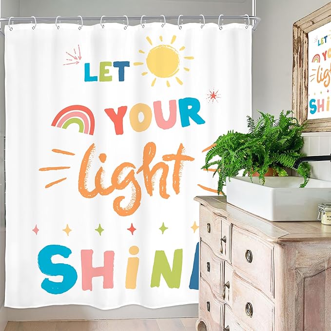 Homewelle Kids Inspirational Quotes Shower Curtain Colorful Let You Light Shine Motivational Positive Cartoon Cute Rainbow Sun 60Wx72H Inch for Teens Girls Waterproof Polyester Fabric Bathroom Bathtub