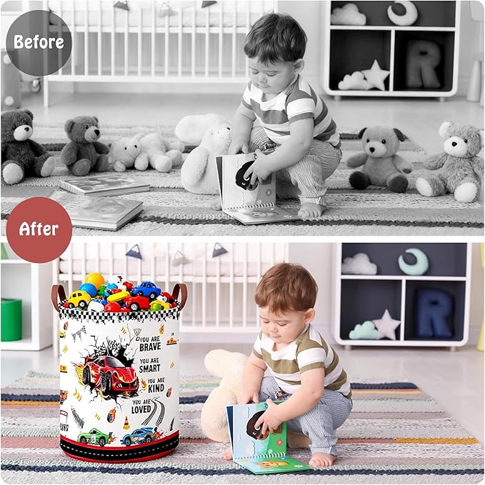 Race Car Room Decor Laundry Basket,Waterproof Car Themed Storage Bins for Boys,Collapsible Kids Nursery Hamper with Race Car Parking Sign(Round)