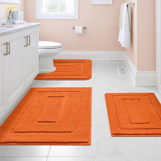 Granny SAYSBathroom Rugs Sets 3 Piece, Soft Absorbent Microfiber Bath Mats for Bathroom Non Slip Washable, U-Shaped Toilet Bath Rugs for Tub Shower(Orange, 16" x 24" + 20" x 32" + U Shaped 20" x 24")