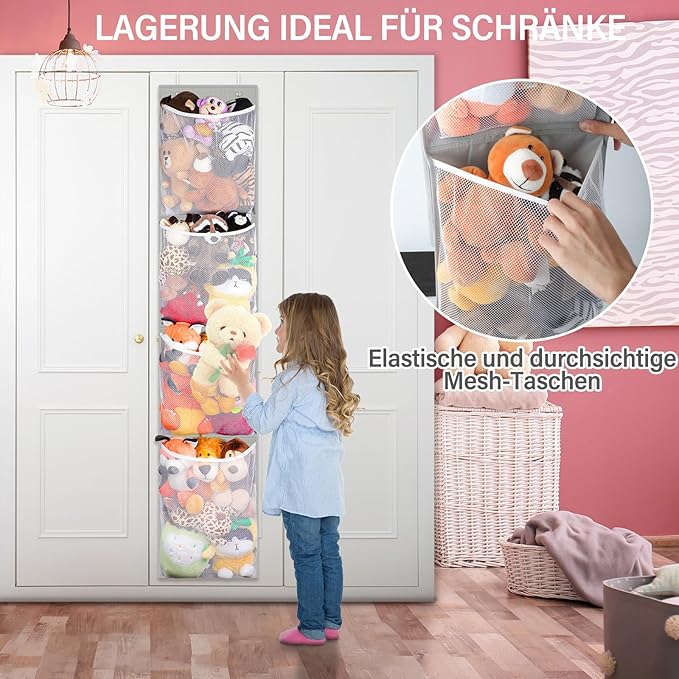 Stuffed Animal Storage Over Door, Hanging Toy Organizer, Plush Doll & Bear Baby Accessory Holder Idea for Nursery, 12 Inch Wide Mesh Bag for Bi-Fold Door Closet Girl Boy Kid