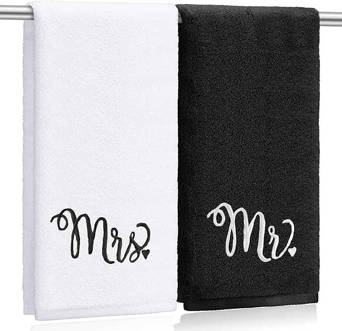 2 Pcs Mr. and Mrs. Hand Towels 100% Cotton Embroidered Bathroom Towel Wedding Mr. and Mrs. Gift for Valentine's Day Couple, Anniversary Bathroom Decor 29 x 13 Inch