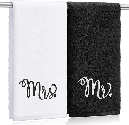 2 Pcs Mr. and Mrs. Hand Towels 100% Cotton Embroidered Bathroom Towel Wedding Mr. and Mrs. Gift for Valentine's Day Couple, Anniversary Bathroom Decor 29 x 13 Inch