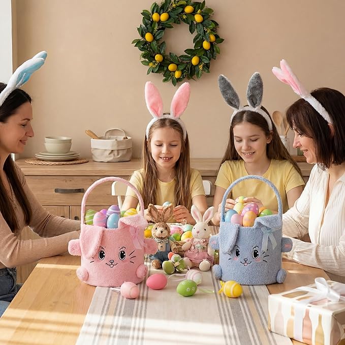 Mimorou 3 Pack Plush Bunny Easter Basket Sherpa Easter Bucket with Rabbit Ears Decorative Bow Large Bunny Tote Bags Ideal for Egg Hunt, Party Favors, Decorations & Storage(White Pink and Blue)