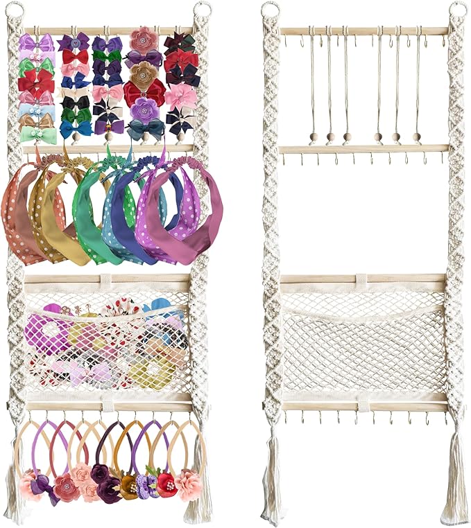 Headband Holder, Hair Bow Organizer for Girls, Large capacity bow hanger for baby girl, Handmade Macrame hair accessories organizer, bow holder, hair clip holder, Boho Wall Decor storage nursery room