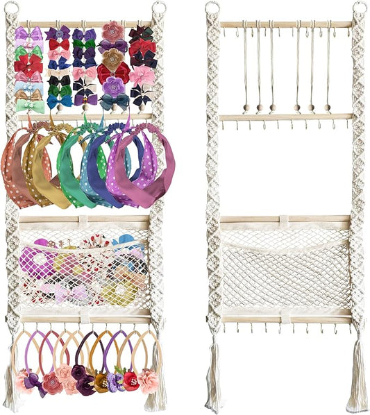 Headband Holder, Hair Bow Organizer for Girls, Large capacity bow hanger for baby girl, Handmade Macrame hair accessories organizer, bow holder, hair clip holder, Boho Wall Decor storage nursery room