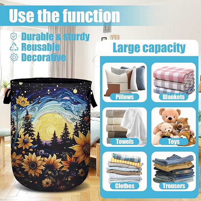 Starry Sky Sunflower Laundry Basket, Moon Flower Laundry Hamper Collapsible Oxford Cloth with Handle Clothes Toy Storage Bin for Bathroom Laundry Room Bedroom 15.7 X 20 Inch
