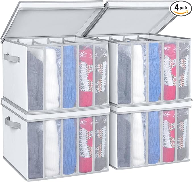 Univivi Large Size Wardrobe Clothes Organizer, 5 Grids Sweater Organizer for Closet with Handles, Support Boards and Lids, Foldable Closet Organizers for Sweaters, Pants, T-shirt, Hoodie- 4 Pack
