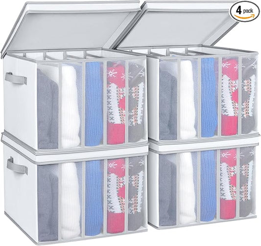 Univivi Large Size Wardrobe Clothes Organizer, 5 Grids Sweater Organizer for Closet with Handles, Support Boards and Lids, Foldable Closet Organizers for Sweaters, Pants, T-shirt, Hoodie- 4 Pack