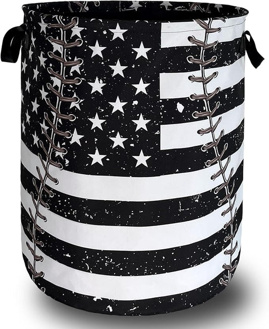 Baseball Textures Laundry Basket Foldable Oxford Cloth American Flag Laundry Hamper With Handle Portable Clothes Storage Organizer Basket 18.9X16.5 Inch Storage Bag For Laundry Room/Bathroom/Bedroom