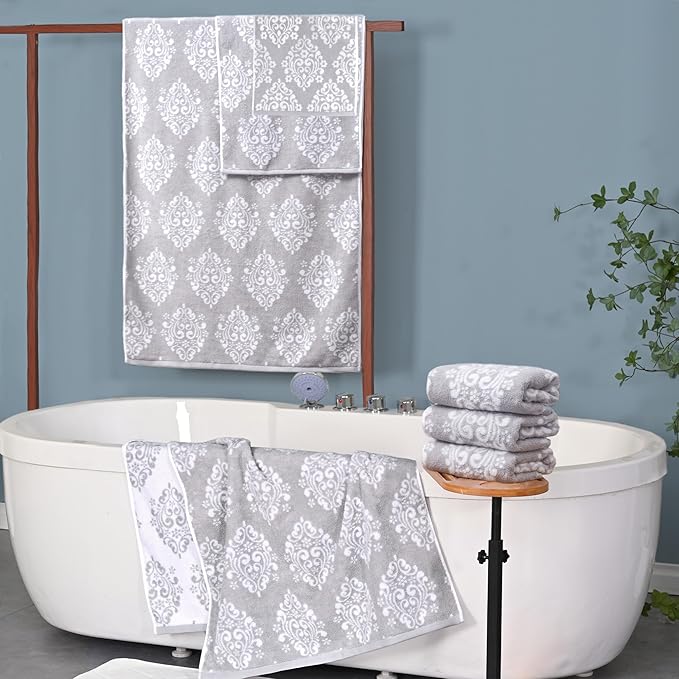 Gray Wash Cloths, Jacquard Washcloths 6 Pack 13"x13" - 100% Cotton | Quick Dry | Thick | Soft | Absorb, Luxury Face Towels for Bathroom & Showering, Jacquard Washcloth Set, Grey + White Damask Pattern