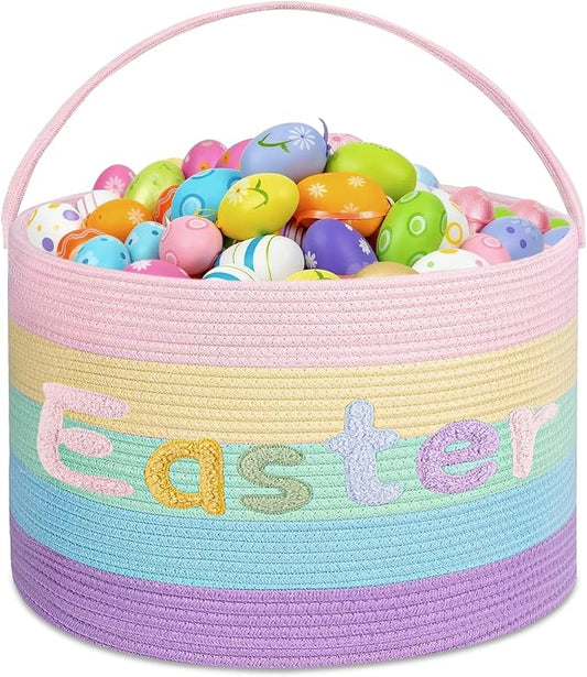 Rainbow Easter Basket, Extra Large Easter Egg Hunting Basket, Woven Cotton Rope Storage Basket Laundry Basket with Handle, Soft Round Storage Bin, Blanket Basket, Empty Gift Basket, 18.5"x13"