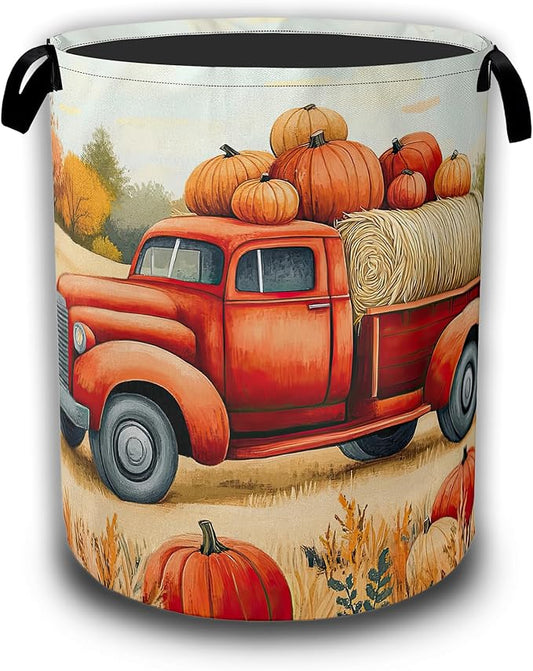Happy Fall Laundry Hamper,Thanksgiving Day Red Truck and Pumpkin Laundry Baskets,Waterproof Oxford Cloth Toy Storage for Bedroom,Bathroom,Nursery,16x20.8 Inch