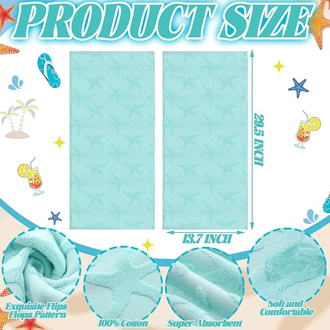 2 Pcs Starfish Hand Towels for Bathroom 100% Cotton Jacquard Weave Bath Towel Set Soft Absorbent Dish Washcloth for Bathroom Kitchen Sea Theme Gifts 13.8 x 29.5 Inch (Blue Green)