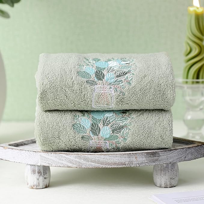 2 Pcs Eucalyptus Hand Towels Gray Green Bathroom Decor 14x29 Inch Embroidered 100% Cotton Soft Absorbent Spring Summer Decorative Hand Towels for Bathroom Kitchen