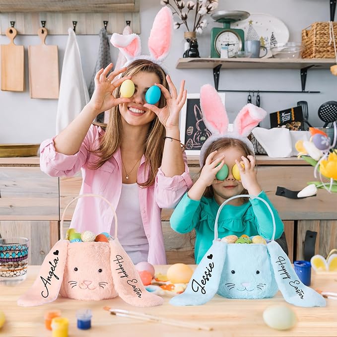 Mostop Personalized Easter Basket, Seersucker Egg Hunt Basket Bags for Easter Gifts