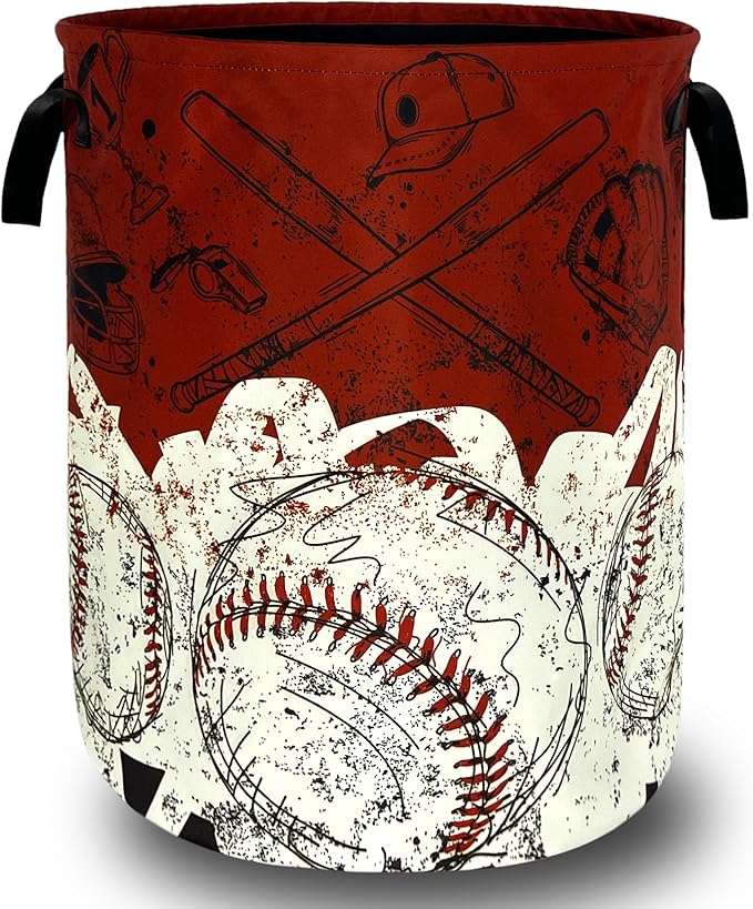 Red White Retro Baseball Laundry Basket Foldable Baseball Funny Laundry Hamper With Handle Oxford Cloth Portable Clothes Storage Basket Laundry Bag 18.9"x16.5" For Laundry Room/Bedroom/Bathrooms