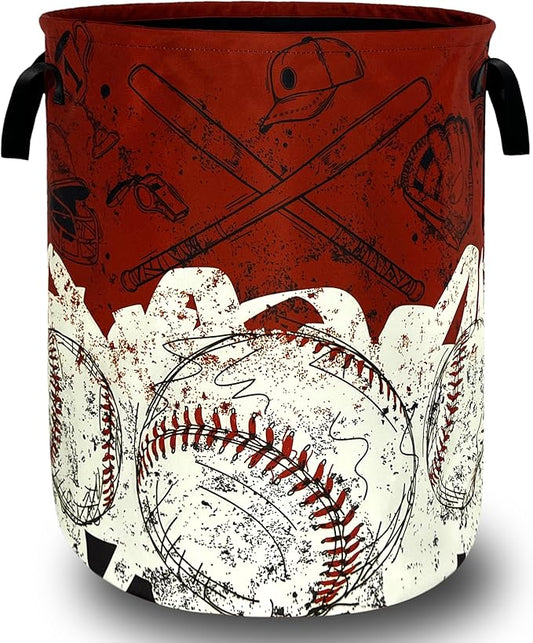 Red White Retro Baseball Laundry Basket Foldable Baseball Funny Laundry Hamper With Handle Oxford Cloth Portable Clothes Storage Basket Laundry Bag 18.9"x16.5" For Laundry Room/Bedroom/Bathrooms