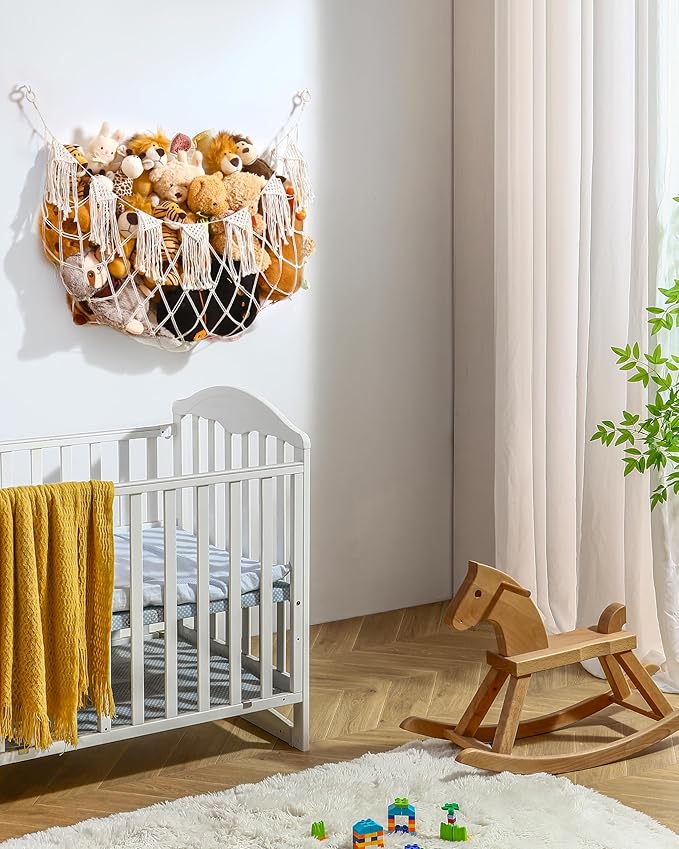 Stuffed Animal Storage Hammock with Lights- Boho Wall Hanging Plushie Net for Stuff Aanimal Organizer and Teddy Bear Storage, Small Toy Hammock for Kids Bedrooms Playroom Nursery(White Small)