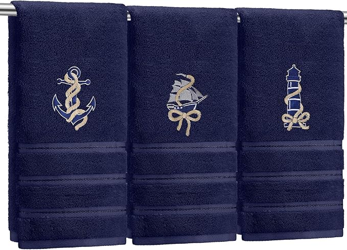 3 Pack Coastal Nautical Hand Towels for Bathroom 100% Cotton Embroidered Anchor Sailboat Lighthouse Beach Bathroom Towels 13.78 x 29.53 Inch Soft Absorbent, Navy Blue