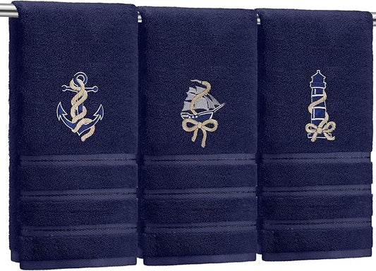 3 Pack Coastal Nautical Hand Towels for Bathroom 100% Cotton Embroidered Anchor Sailboat Lighthouse Beach Bathroom Towels 13.78 x 29.53 Inch Soft Absorbent, Navy Blue
