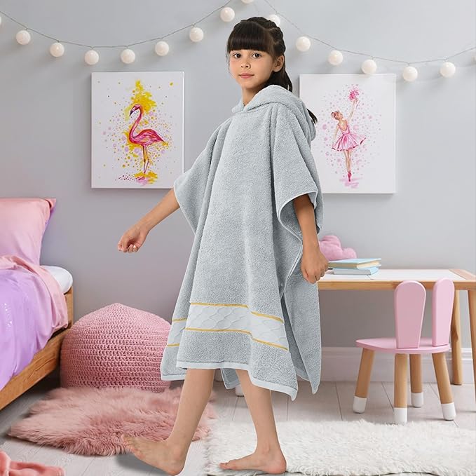 32"X64" Large Turkish Poncho Towels for Big Kids (8-14Years), 100% Cotton | Thick 600GSM | Absorbent | Large | Bathrobes for Boys | Girls | Teens, Perfect for Swim | Bathroom | Pool | Gifts,Light Gray