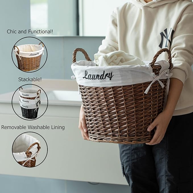 Wickerwise Handwoven Laundry Basket with Liner & Handles - Boho Decorative Storage Hamper for Clothes Blankets Pillows and Towels - Ideal for Laundry Room Bathroom Bedroom and Living Room, Brown