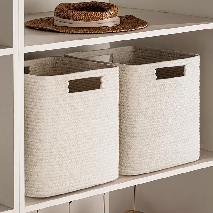UBBCARE Set of 2 Kallax Storage Cubes-13 ×15 ×13 Inch, Cotton Rope Basket for Shelves, Toys, Book, Cube Storage Bin with Handles, Woven Storage Basket for Organizing, Beige