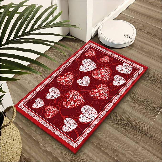 32x20in Valentine Bathroom Rug- Romantic Red White Hearts Bath Mats- Symbol of Love Non-Slip Holiday Soft Velvet Bath Rugs for Shower Room Bathtub Sink Bedside
