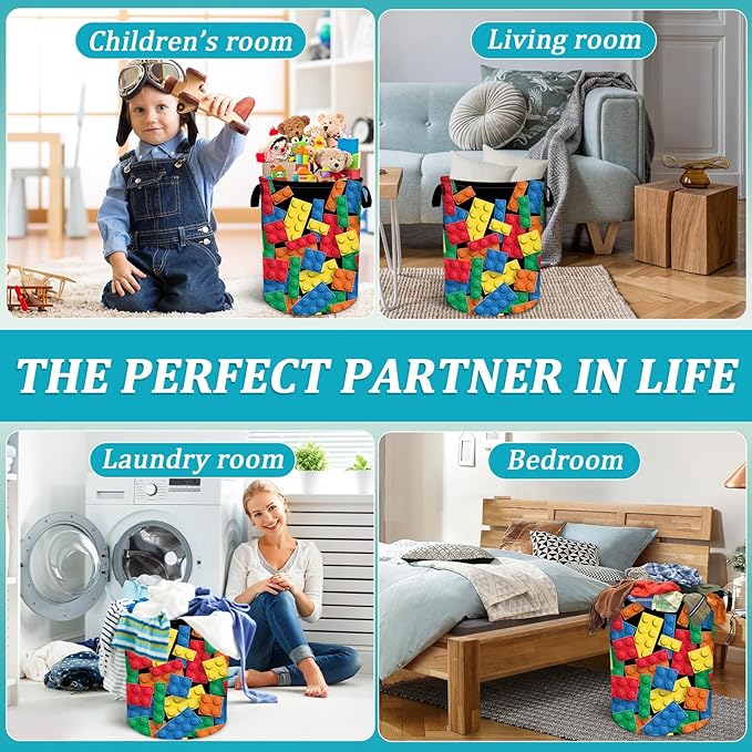 Colorful Building Blocks Laundry Basket, Funny Bricks Laundry Hamper Foldable Waterproof Tote Bag Dirty Clothes Storage Bucket Toy Organizer for Bathroom/Laundry/Bedroom 15.7"x19.6"