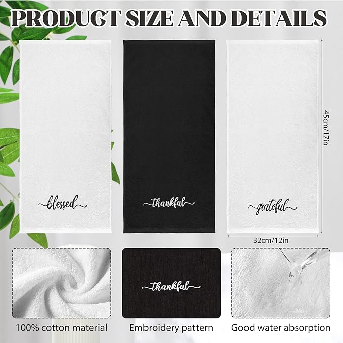 3 Pcs Thanksgiving Black and White Fingertip Towels 100% Cotton Fall Farmhouse Bathroom Hand Towels 12 x 18 in Decorative Embroidery Blessed Thankful Grateful for Gift Home Decor