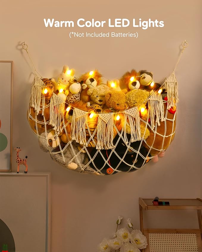 Stuffed Animal Storage Hammock with Lights- Boho Wall Hanging Plushie Net for Stuff Aanimal Organizer and Teddy Bear Storage, Small Toy Hammock for Kids Bedrooms Playroom Nursery(White Small)