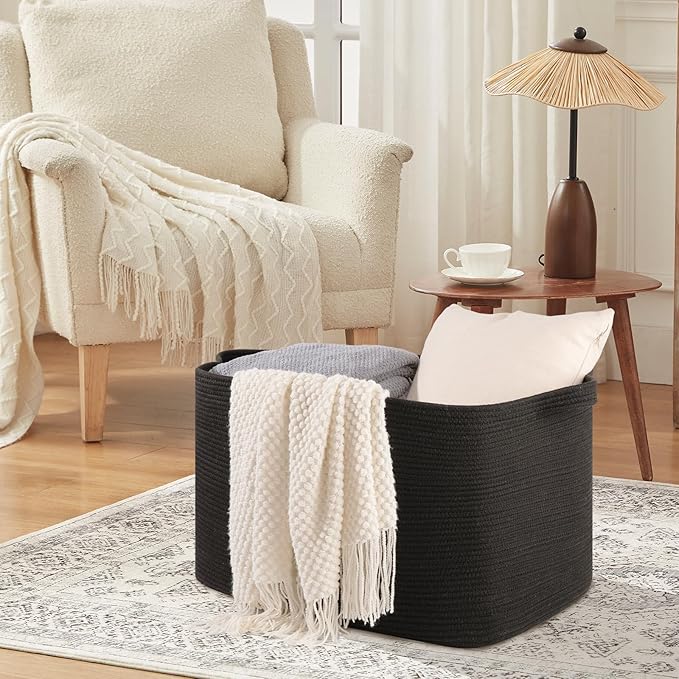 108L Extra Large Blanket Basket, 24.8" x 16.2" x 16.2" Rectangle Woven Storage Baskets for Living Room, Nursery, Bedroom, Toy Basket with Handle (Black)